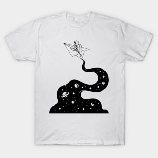 Astronaut gliding through space galaxy on a paper plane spaceship T-Shirt